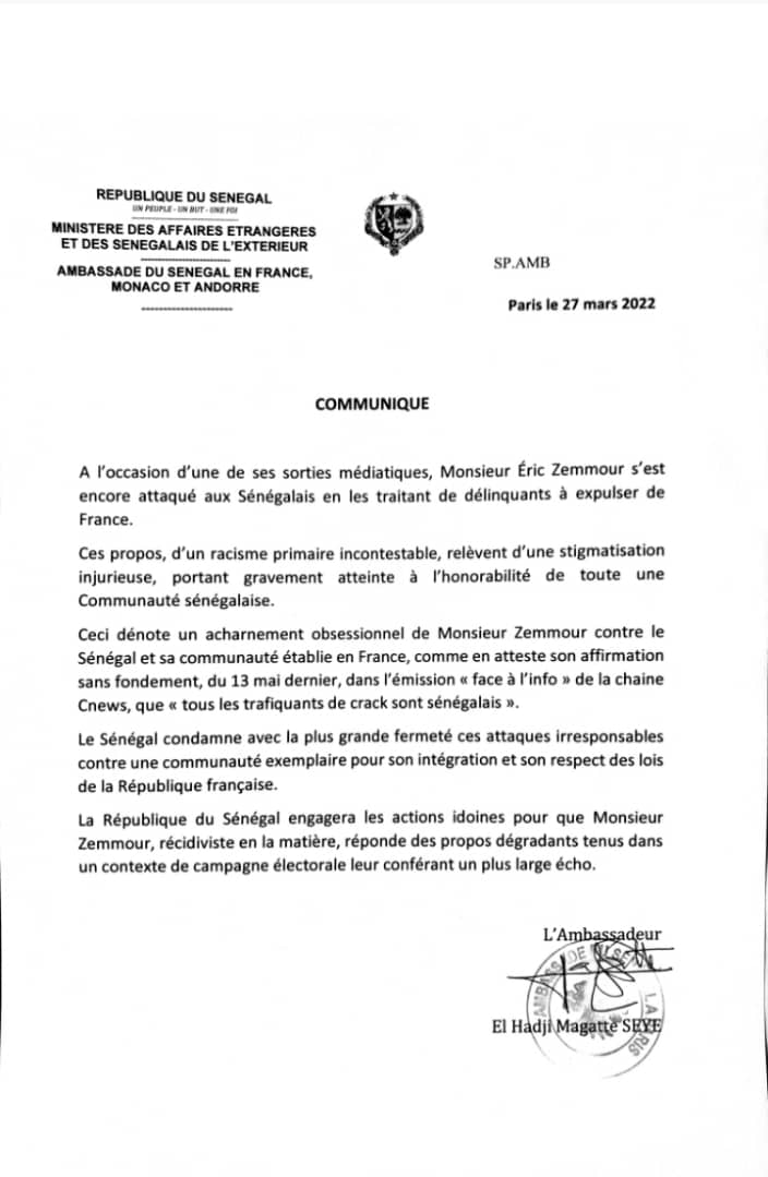 France : L’Ambassade du Sénégal annonce des poursuites contre Zémmour